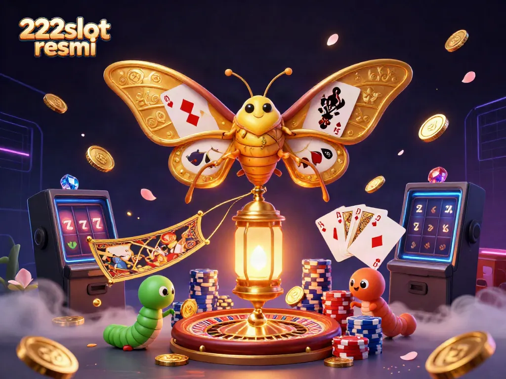 Menghadirkan suasana slot dengan 222slot resmi, kupu-kupu raksasa emas dan elemen kasino berkilau.