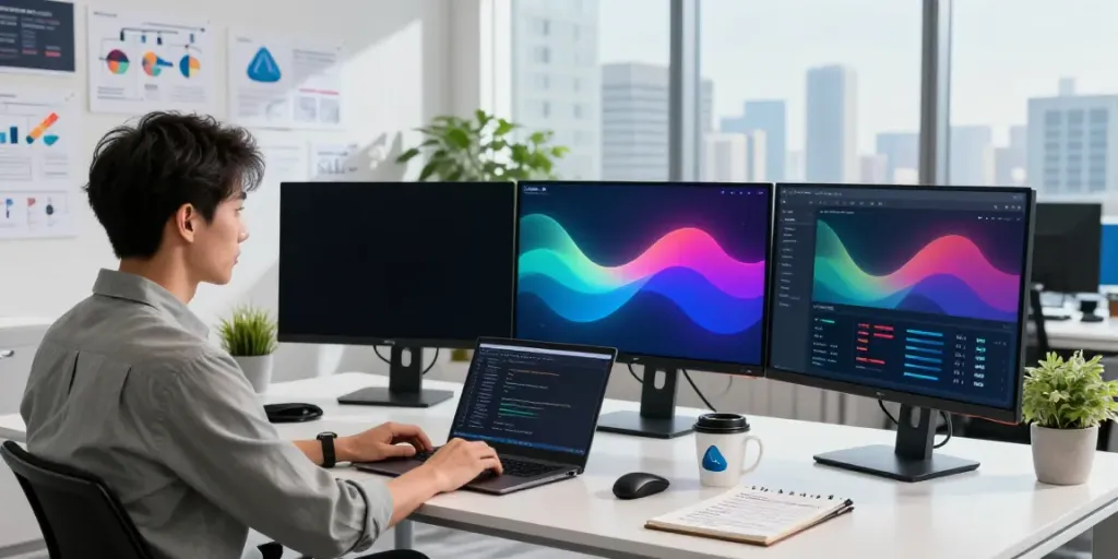 Azure managed services workspace with engineer monitoring cloud performance metrics and security alerts.