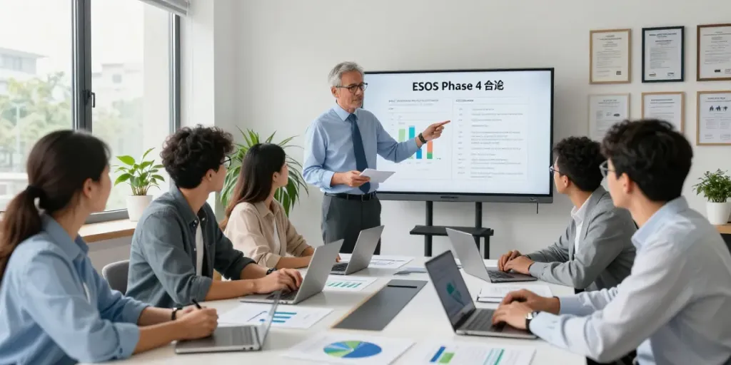 Consultants discussing Esos phase 4 compliance in a bright office, surrounded by sustainability reports and energy metrics.