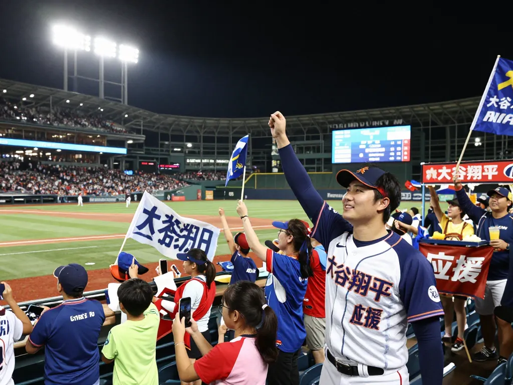 野球の試合で熱心に大谷翔平応援を祝うファンたち、歓声を上げる群衆で賑やかな雰囲気。