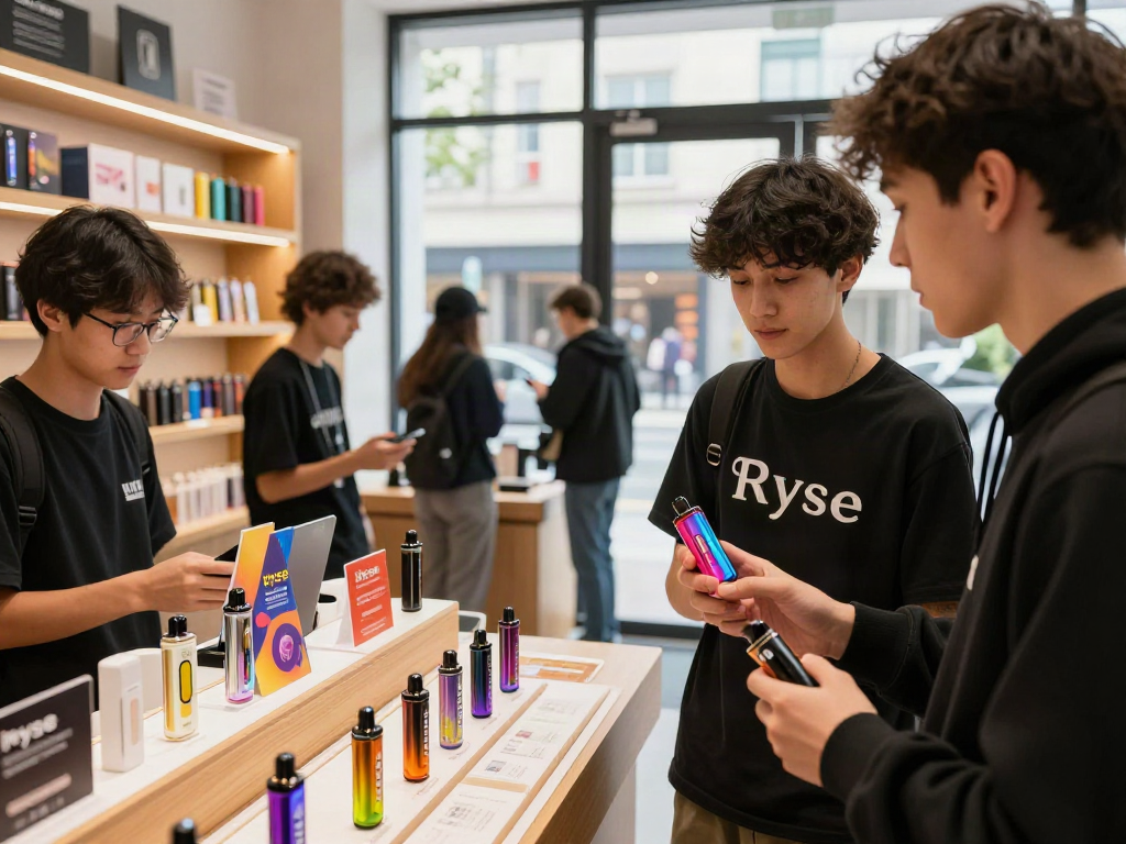 Youthful customers exploring Ryse vape selection in a modern urban vape shop.