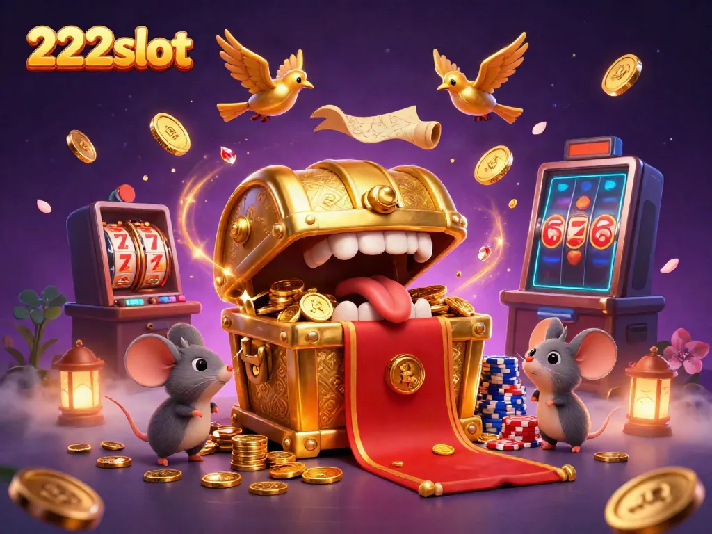 Gulir slot menguntungkan di 222slot sambil dikelilingi oleh koin emas dan permata berkilau.