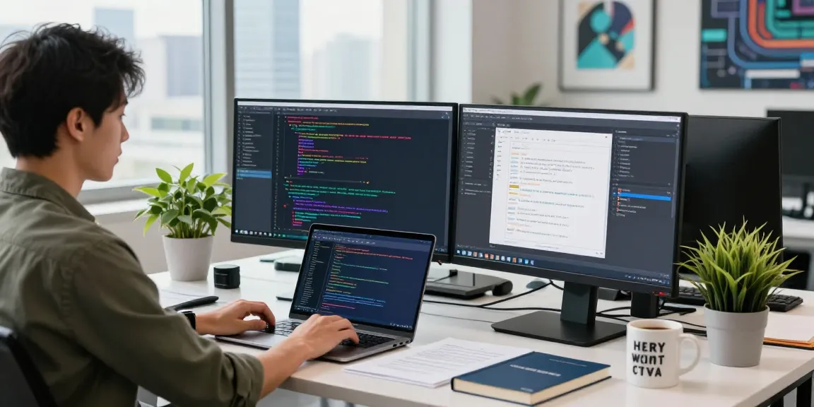 https://www.bdtjl.app/ showcases a vibrant workspace with a developer coding on multiple screens in an ergonomic setting.