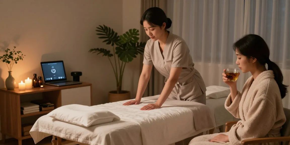 Relaxing 서울출장안마 home massage setting with therapist preparing for session.