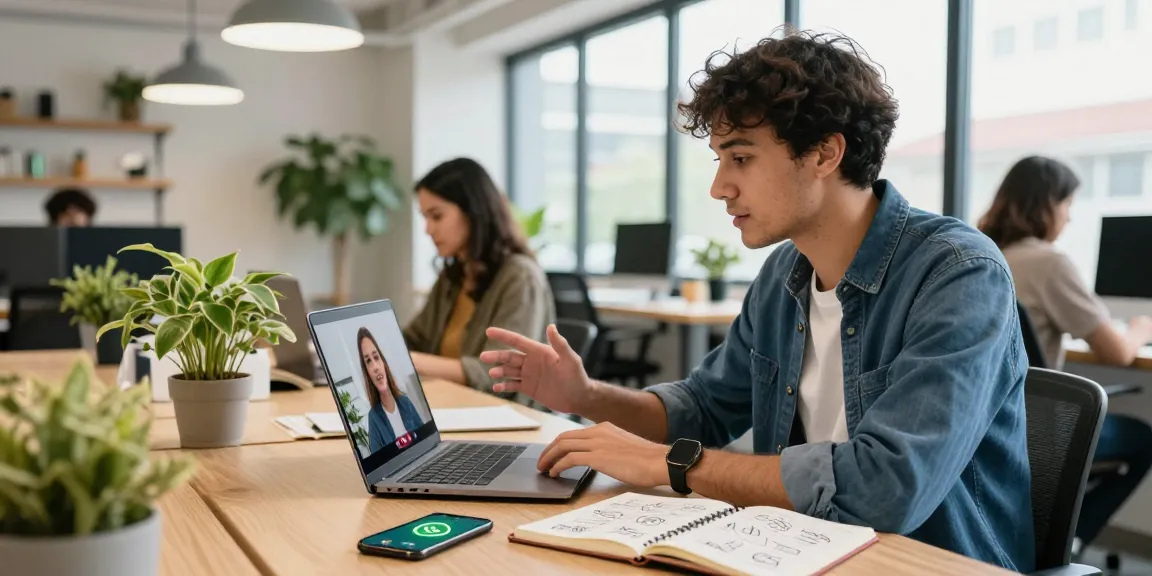 Young professional using WhatsApp網頁版 for communication in a modern office.