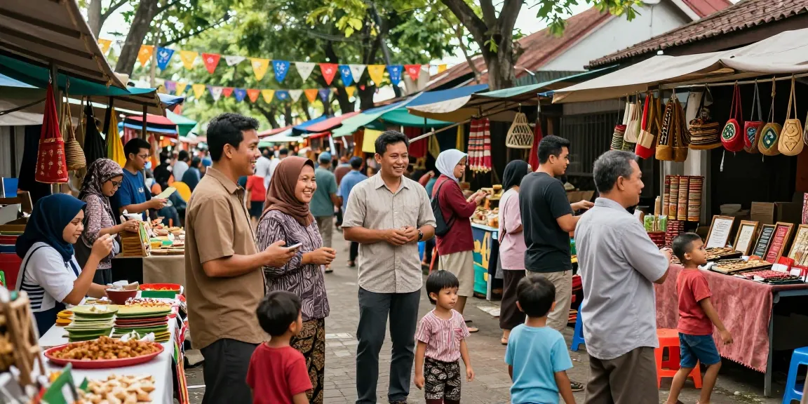 Suasana komunitas Leci123 di pasar Indonesia dengan warga yang ceria dan berinteraksi.