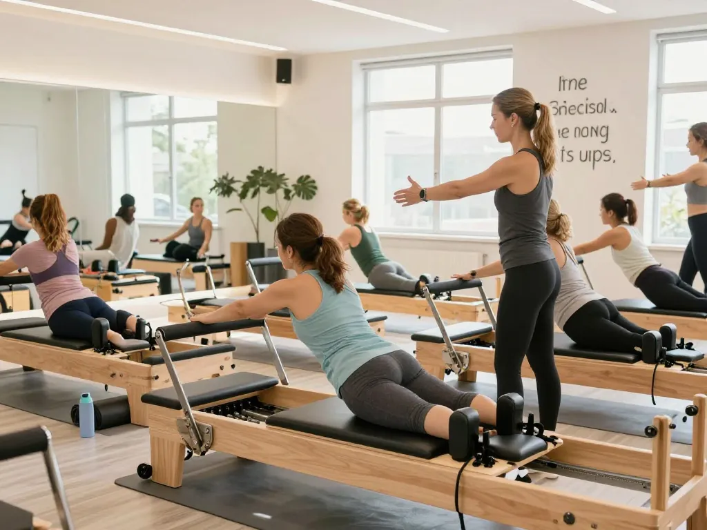 初心者がリフォーマーを使ったzen place pilatesスタジオでのグループピラティスクラス、明るい雰囲気、モチベーションに満ちた環境。
