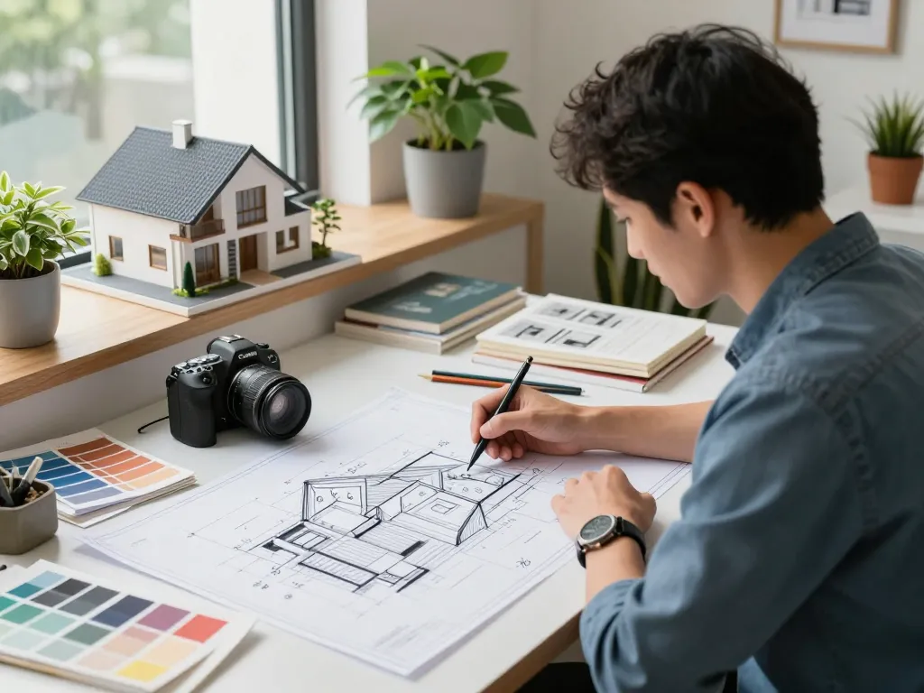 Architect working on innovative home designs, showcasing สถาปนิก ออกแบบบ้าน in a creative workspace filled with blueprints and natural light.