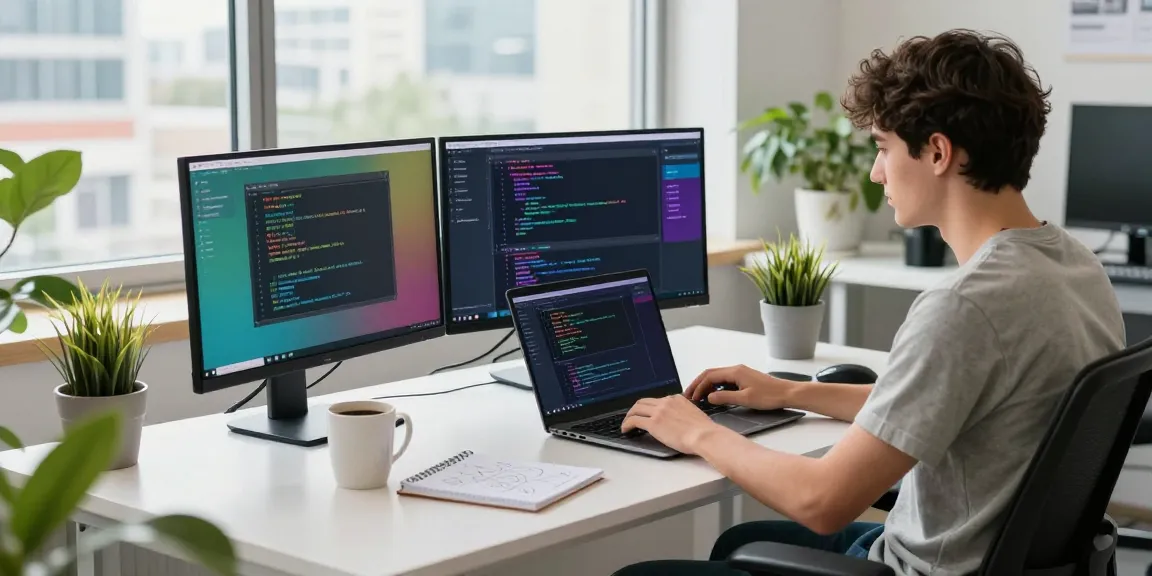 Learn Android Studio for beginners with a developer coding in a modern workspace.