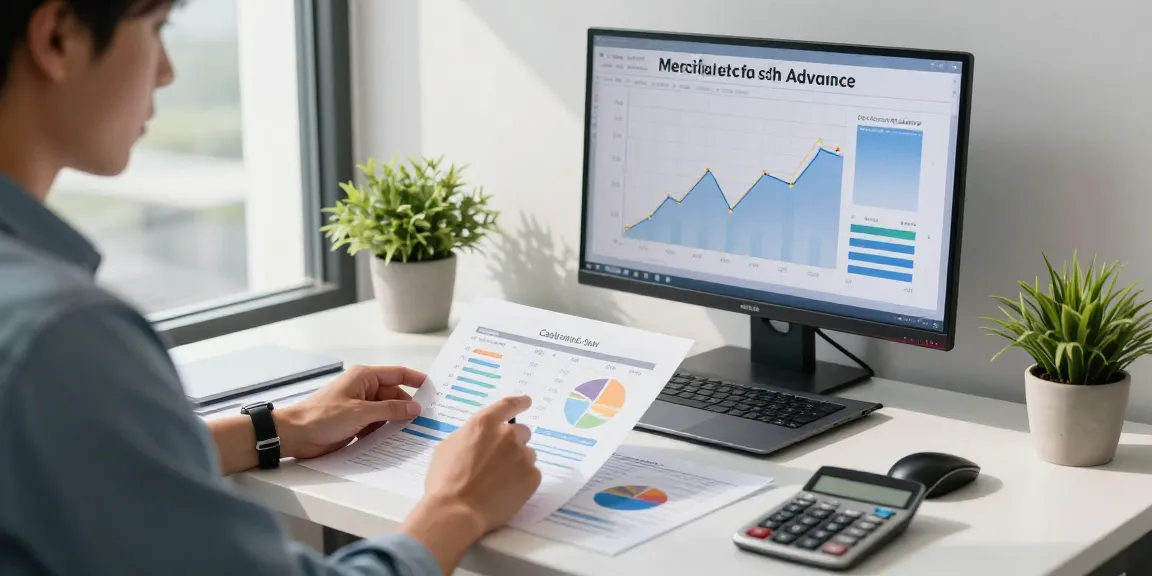 Business finance professional assessing cash flow with merchant cash advance companies data in modern office setting.