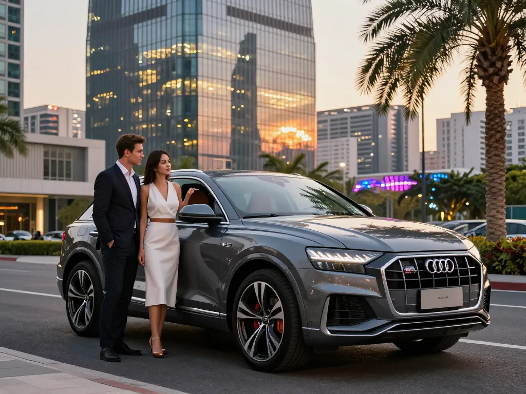 Thuê xe sang như Audi Q8 tại dịch vụ cho thuê xe ô tô hạng sang trong một môi trường đô thị.