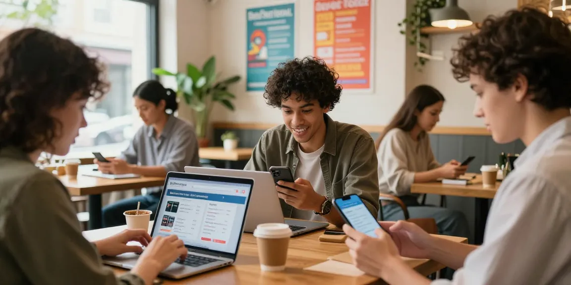 Engaging scene of users interacting with BedPersonal for local classifieds in a cozy café