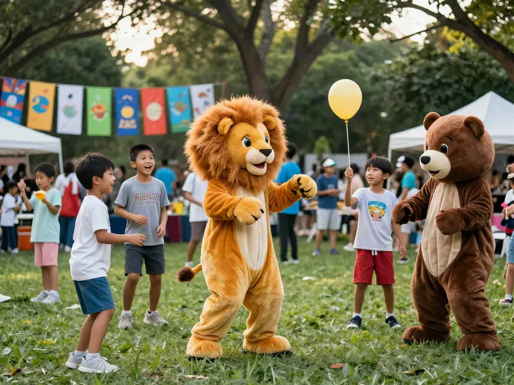Children enjoying mascot costumes at a festive community event.