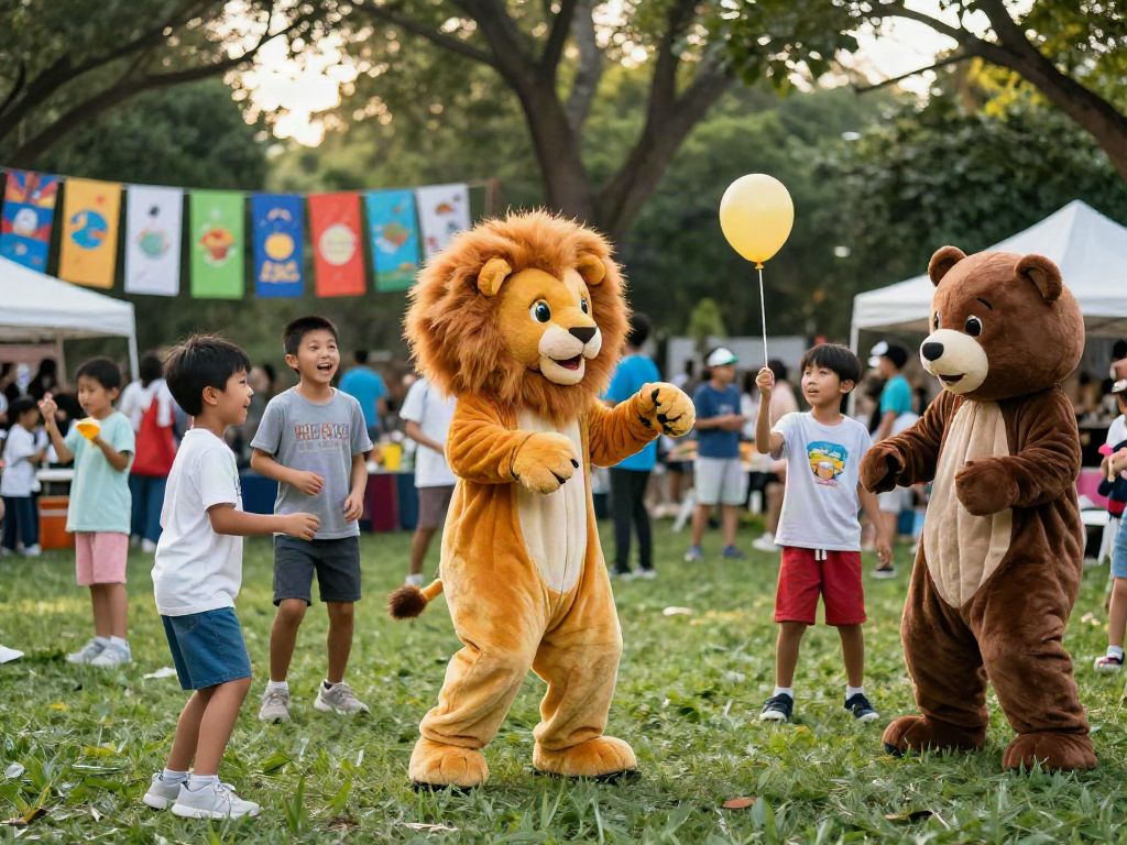 Children enjoying mascot costumes at a festive community event.