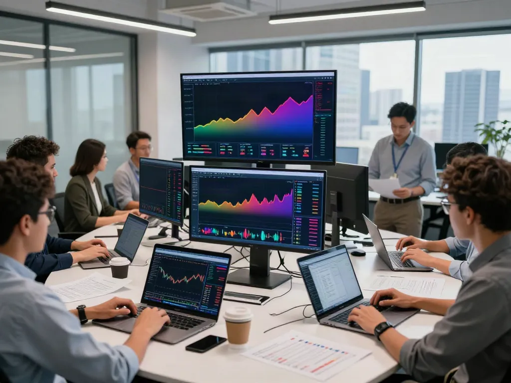 Traders collaborating in a modern workspace featuring tradingview官网 analysis.