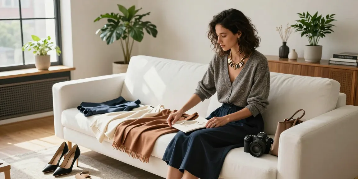 Una consulente di stile esamina il suo guardaroba capsula, circondata da accessori eleganti e luce naturale.