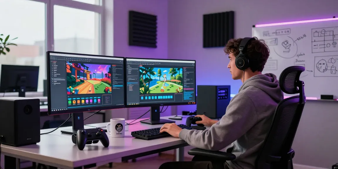 Gamer bekerja di ruang pengembangan futuristik, mendesain permainan dengan perangkat canggih sambil memprediksi permainan di layar.