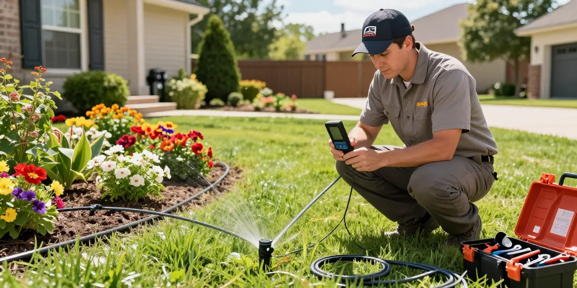 Professional Irrigation Services in Fort Worth, TX, showcased by a technician examining a lush lawn and irrigation equipment.