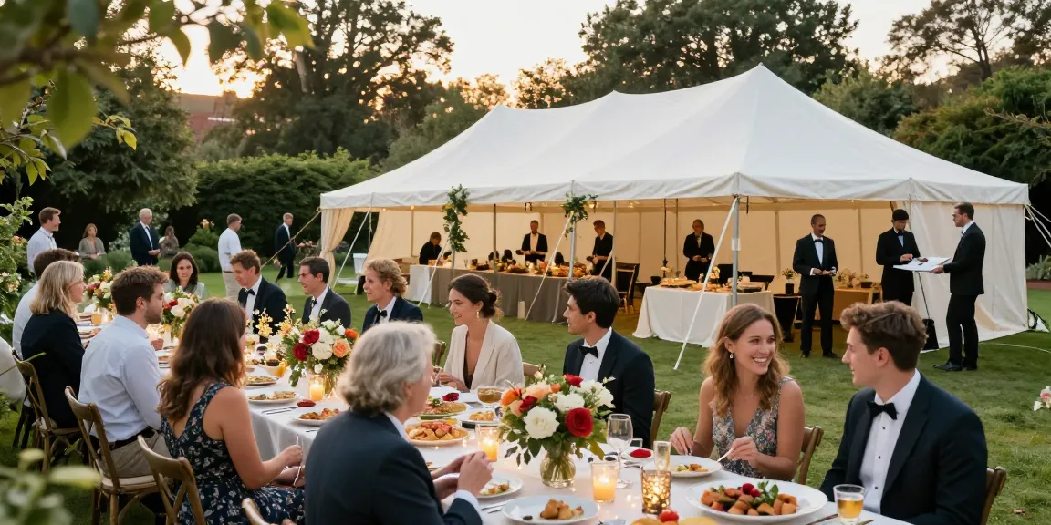 Marquee hire London setup in a beautiful garden, showcasing elegant decorations and smiling guests enjoying an outdoor event.