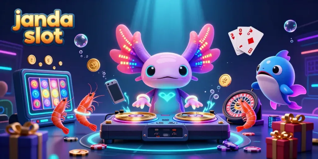 Janda slot menampilkan DJ axolotl neon cerah di bawah laut dengan permainan slot yang menyenangkan.