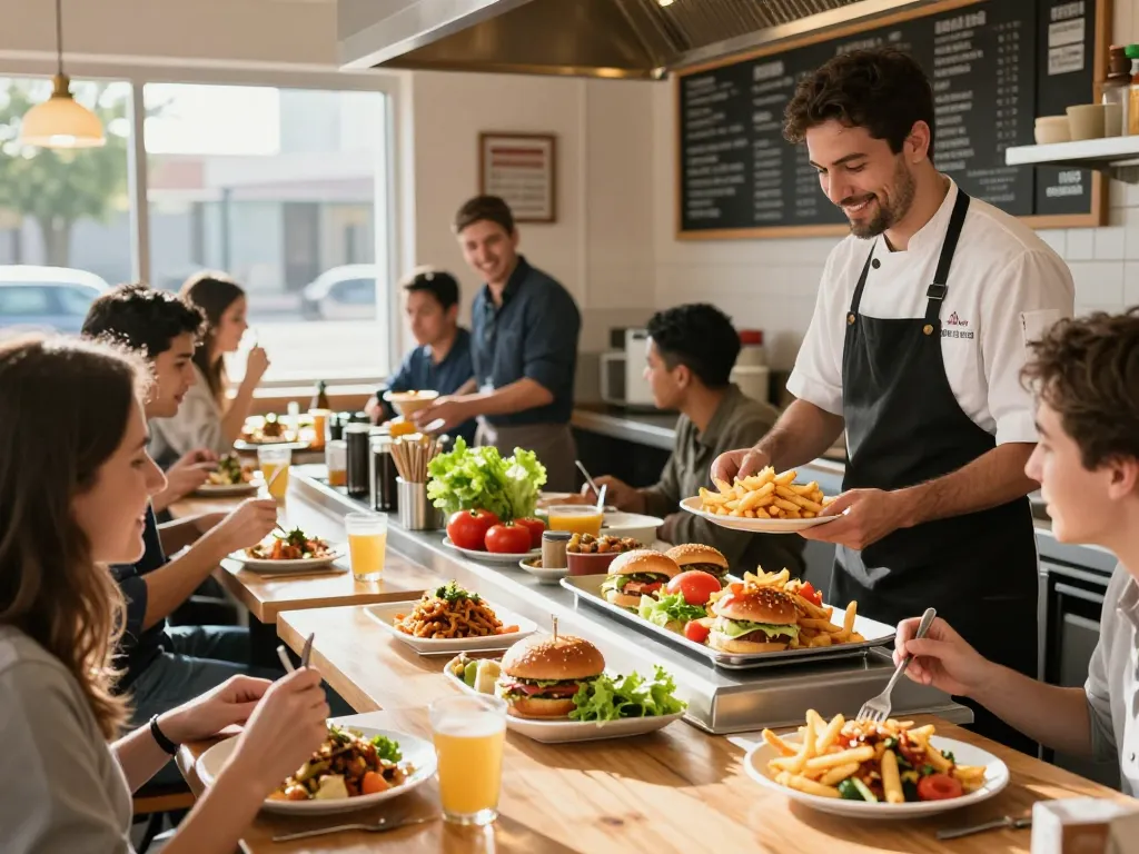 Fast food menu vividly presented in a bustling restaurant atmosphere, featuring fresh ingredients and happy diners.