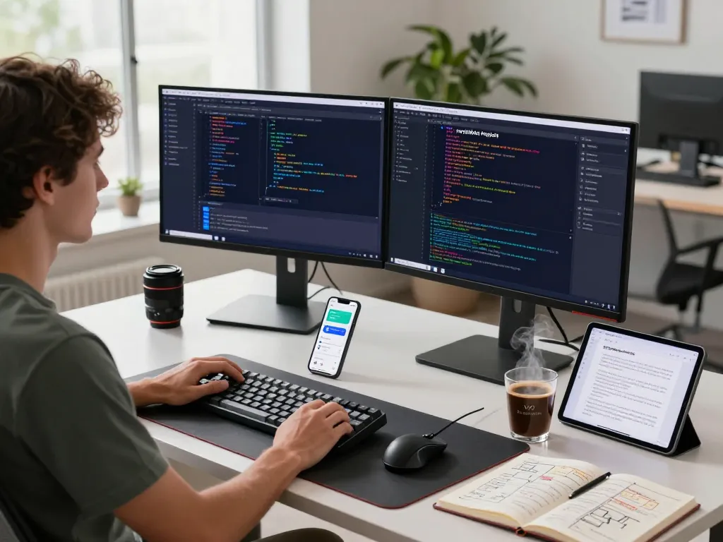 Moltbot development workspace with dual monitors, coding, and tech environment details.