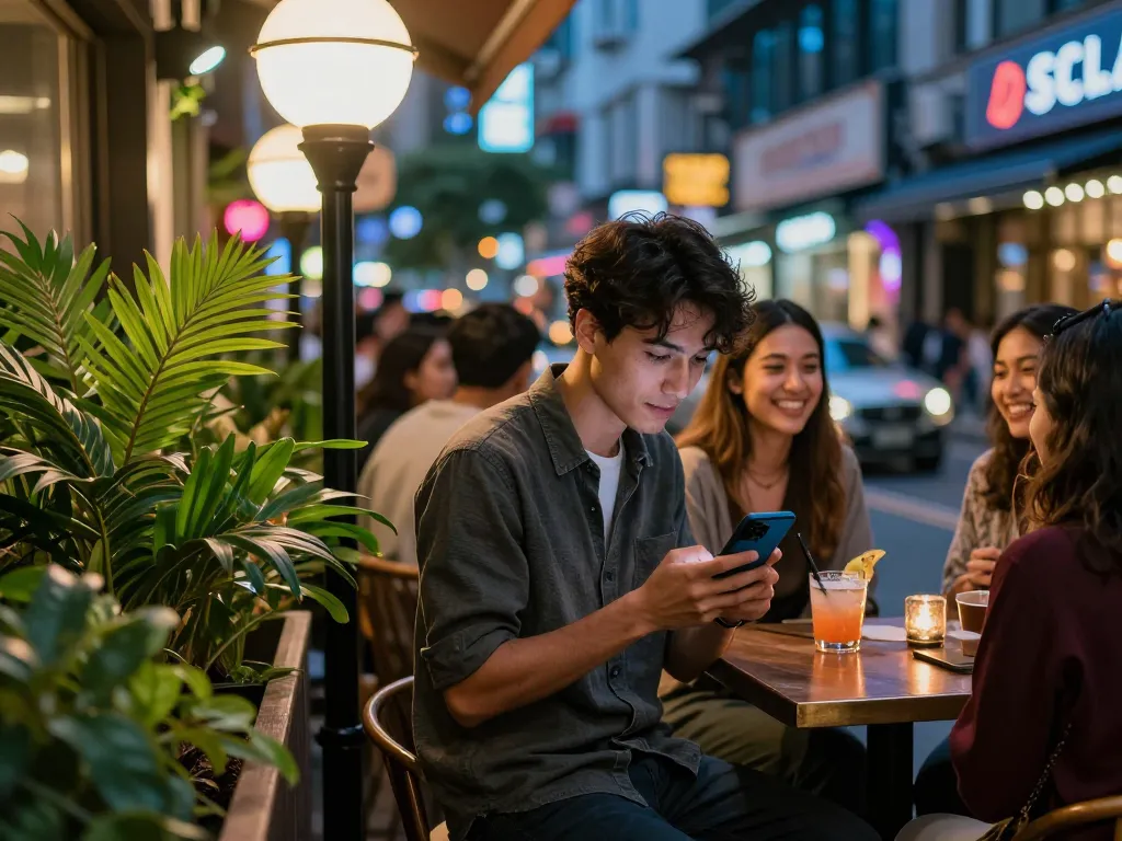 Exciting urban nightlife filled with 오피스타 opportunities, showcasing stylish individuals enjoying vibrant social interactions.