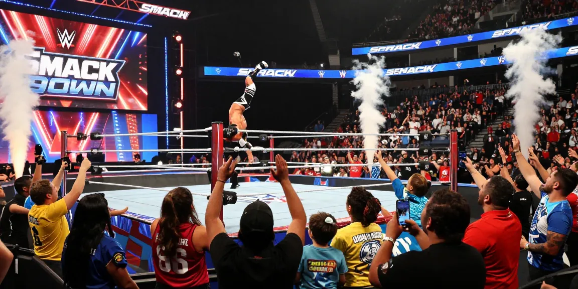 WWE SmackDown live event showing energetic wrestlers and excited fans in the arena.