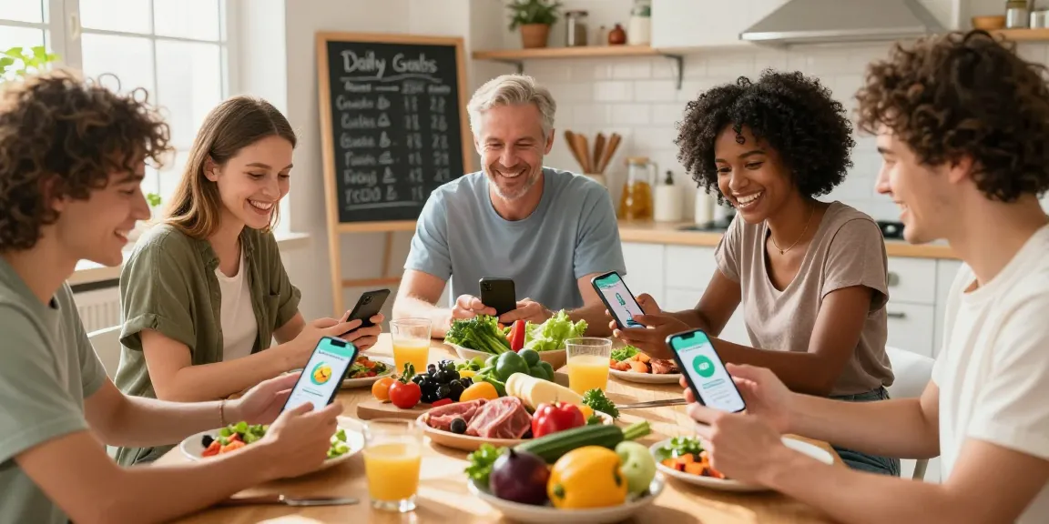 People tracking their meals with the best calorie tracker app in a vibrant kitchen setting.