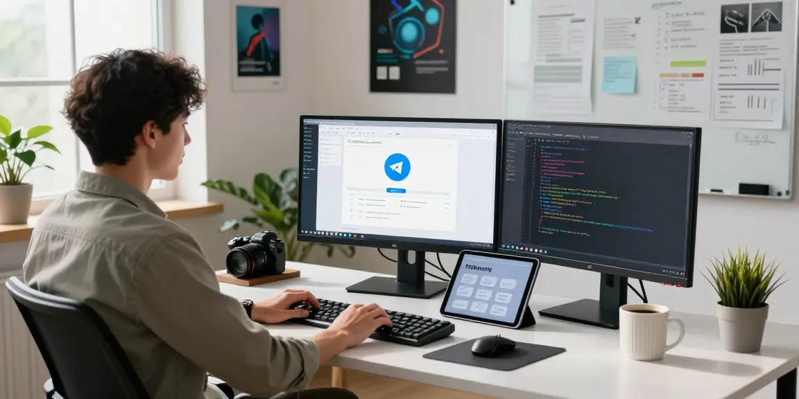 Workspace featuring telegramin-cn.com interface on monitors, modern tech environment.