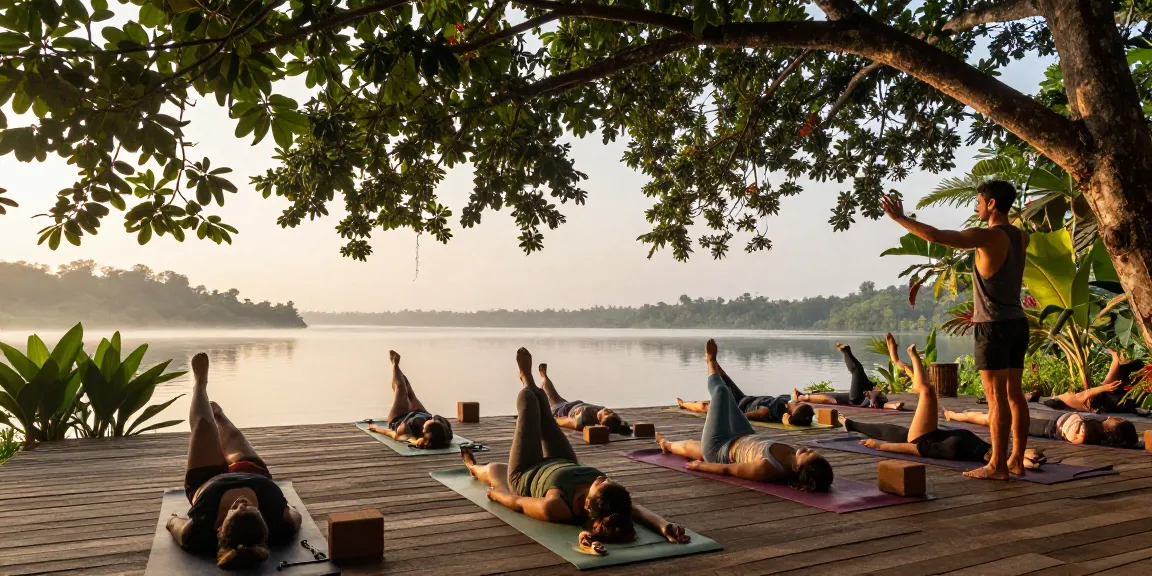 Morning Synergy Vinyasa yoga retreat on Koggala Lake, peaceful lakeside scene showcasing yoga retreat south coast sri lanka.