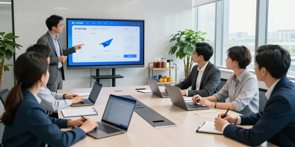 Team discussing the 纸飞机中文版 app in a modern office setting, showcasing collaboration and innovative technology.