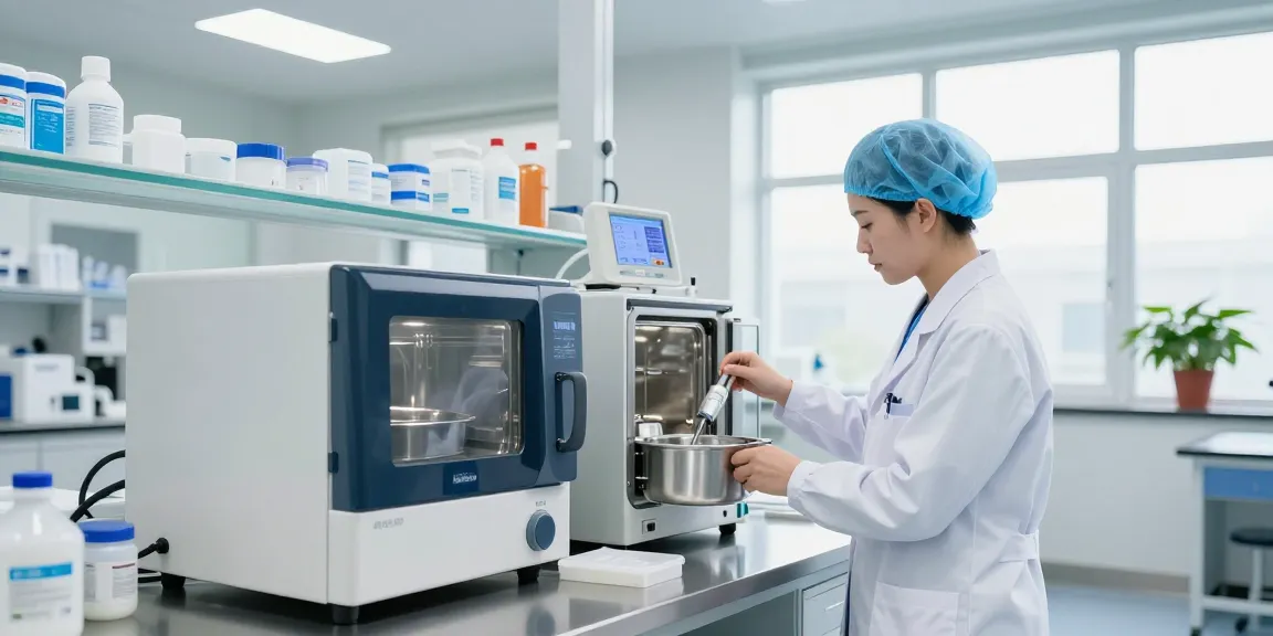 Healthcare professional operating sterilization equipment in a clean medical lab.