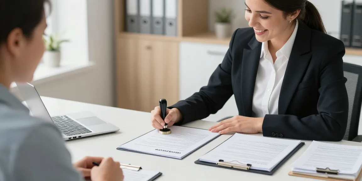 Notary public in Derby assisting a client with document signing in a professional office setting.
