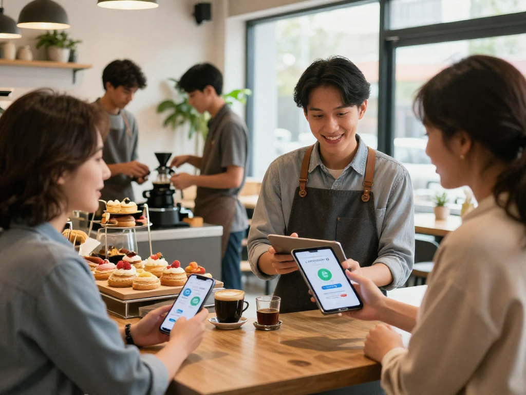 Loyalty application in action at a bustling cafe with owner and happy customer interacting happily.