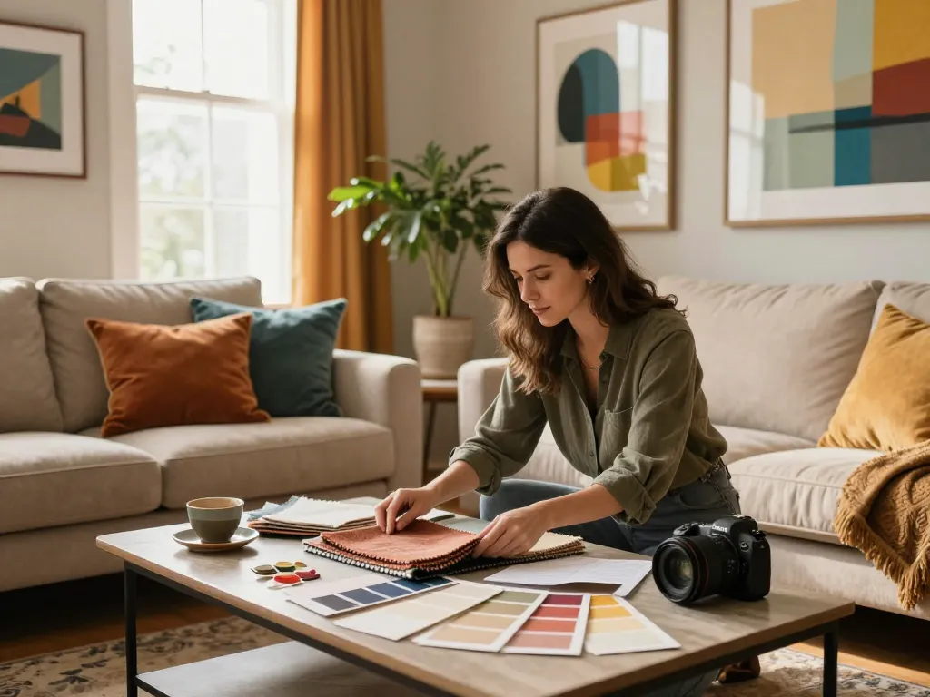Designer d'intérieur arrangeant la décoration dans un salon cosy, mettant en valeur ses talents en tant que décoratrice Narbonne.