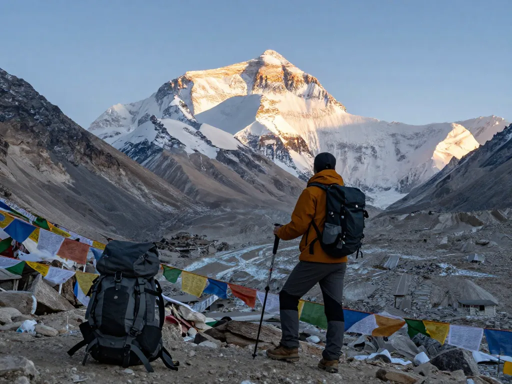 Everest Base Camp Trek with a traveler at sunrise, majestic peaks and glacial views.