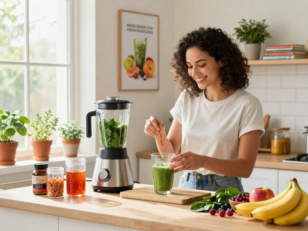 Preparing a nutrient-rich smoothie with astaxanthin supplement Canada in a bright kitchen, vibrant fruit, and greens.