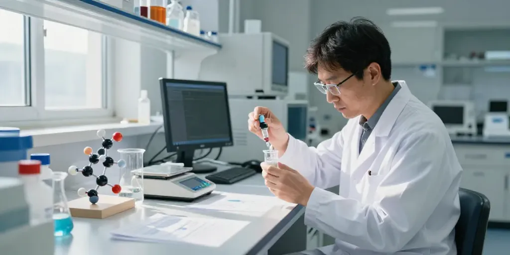 Scientist measuring swiss chems retatrutide powder in a modern lab.
