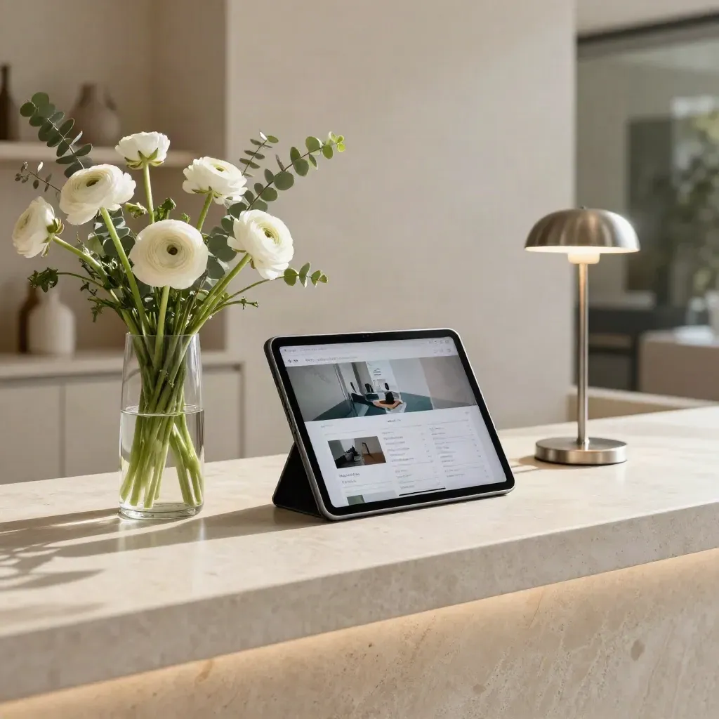 Tablet, flowers, and lamp in a sunlit boutique reception on pale stone.
