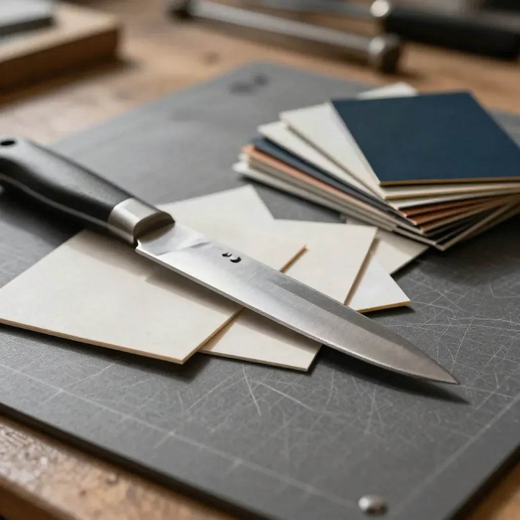 Precision knife beside sample triangles and color chips on a cutting mat, dramatically lit.