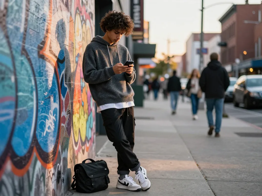 Stylish individual browsing revelcollective.myshopify.com streetwear in vibrant urban setting