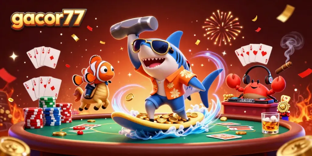 Permainan gacor77 menggembirakan dengan hiu kartun, ikan badut, dan kepiting DJ yang penuh aksi.