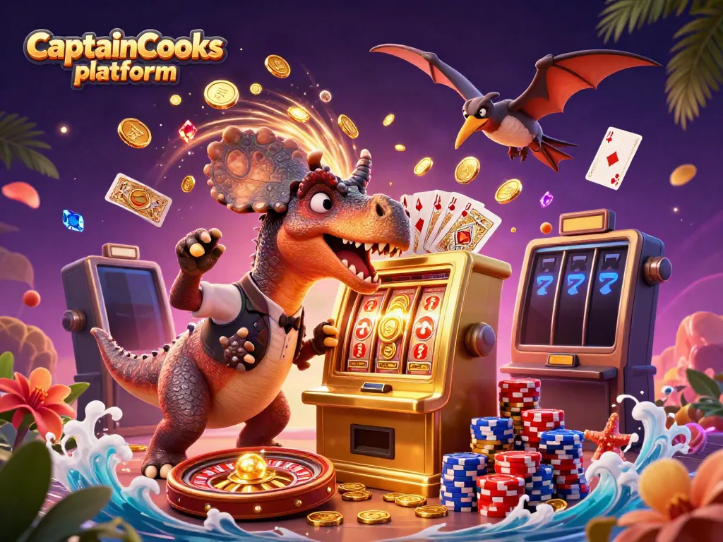 Engaging scene showcasing CaptainCooks platform with a dinosaur winning coins from a slot machine amid a vibrant casino atmosphere.