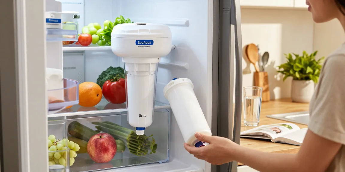 EcoAqua EFF-6005 Replacement for LG LT500P ADQ72910901 filter being installed in a bright kitchen for fresh water.