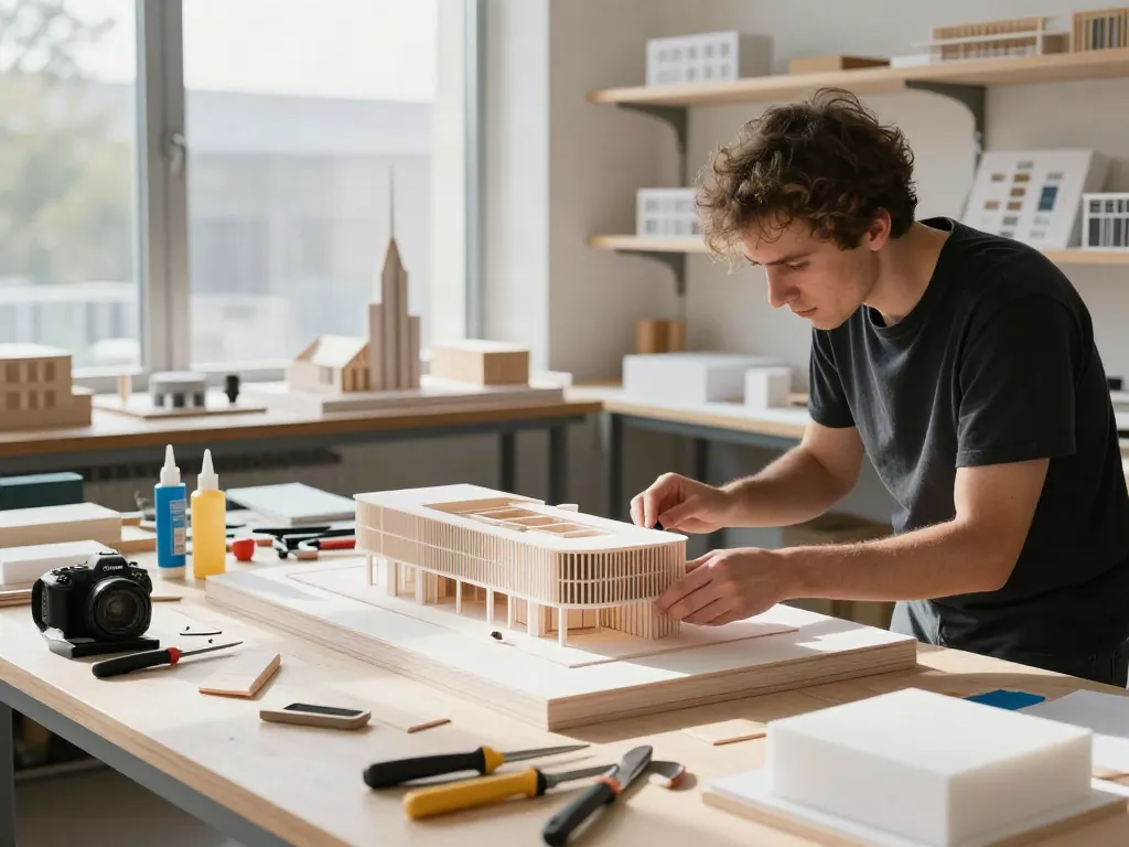Architectural model maker Denmark adjusts details on a model in a bright studio.