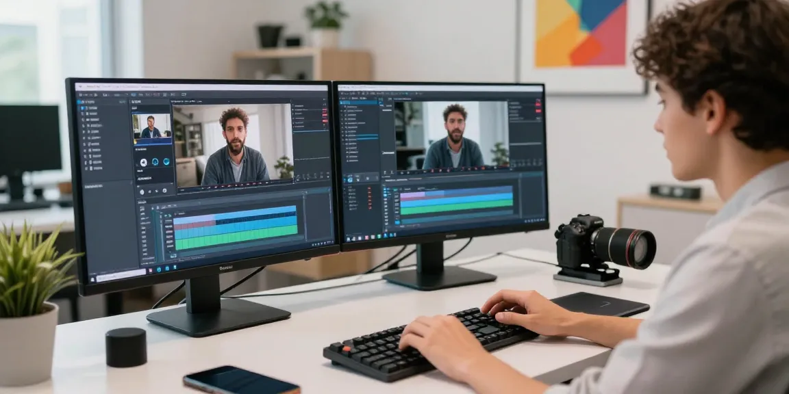 Creator generating ai video prompts in a modern tech workspace with multiple screens and AI tools.