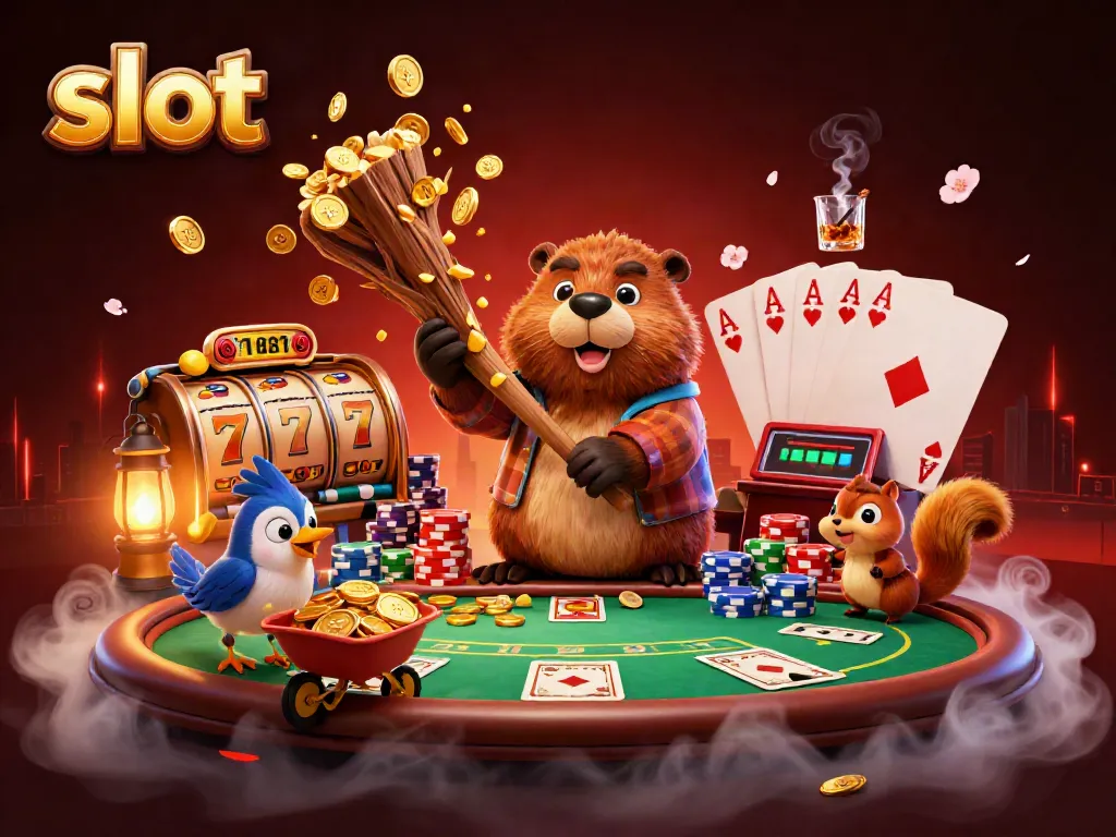 Experience thrilling slot adventures with a 3D cartoon lumberjack beaver collecting coins and engaging with poker elements.