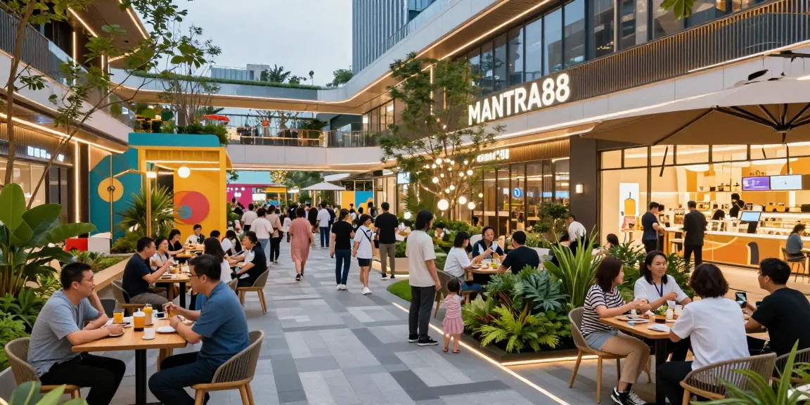 MANTRA88 scene featuring diverse groups enjoying entertainment and dining in a vibrant commercial hub.
