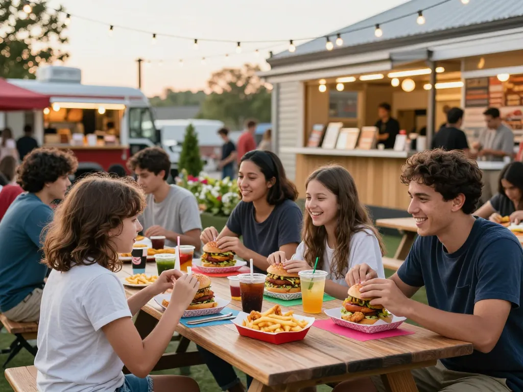Fast food menu featuring burgers and fries on a vibrant outdoor patio